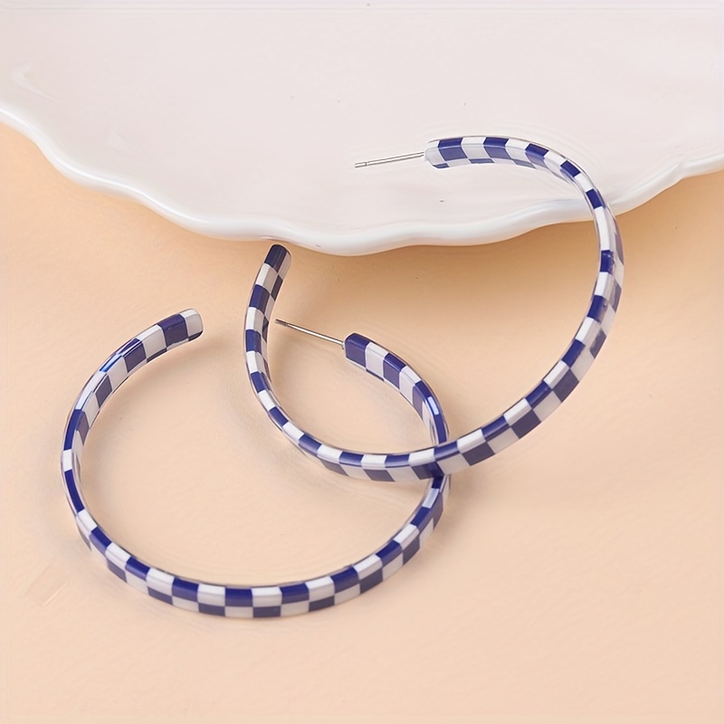 Women's Large Acrylic Checkerboard C-Shaped Hoop Earrings